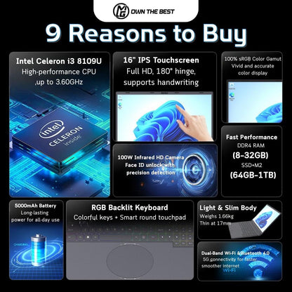 MG TouchCore i3 Intel CPU 16+512GB 16inch Touchscreen laptop RGB keyboard good for study and office laptop